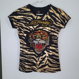 Ed Hardy Womens Shirt XS Black Y2K Metallic Tiger Print Short Sleeve Cotton